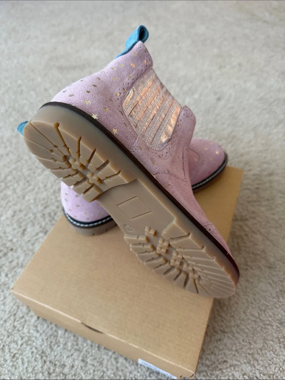 Mini Boden Pink Star Chelsea Boot with Teal Pull Tab